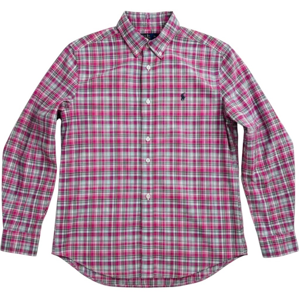 Ralph Lauren Button Down Kids Large (14-16) Pink Plaid Stretch Preppy Pony Logo